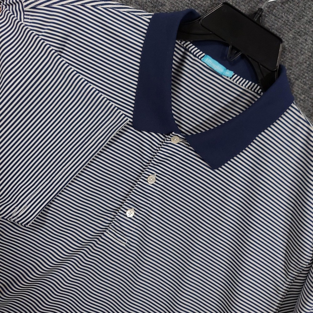 J McLaughlin Polo Shirt Mens 2XL Blue Stripe Stretch Jersey Short Sleeve‎